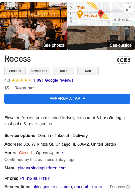 Recess Chicago's business information as displayed on Google Search.