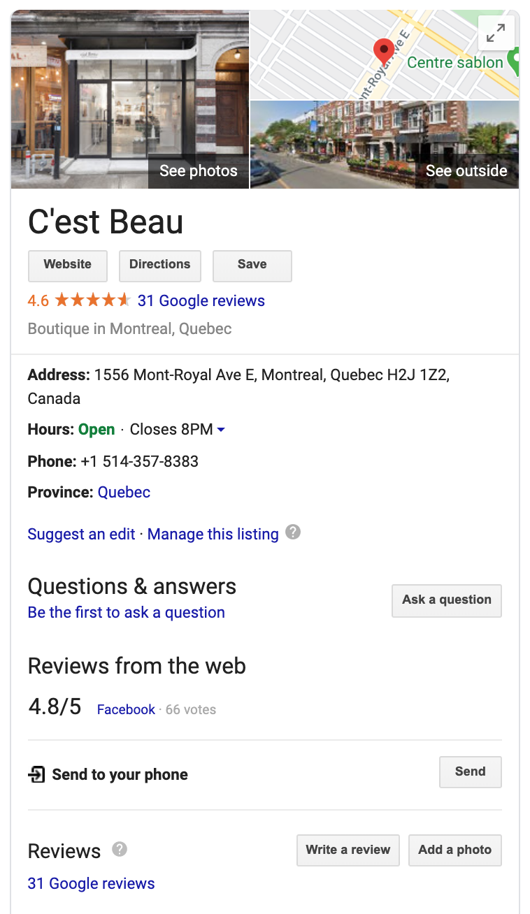 Fashion and apparel retail C'est Beau's Google My Business profile