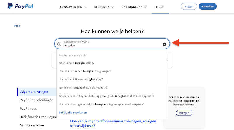 FAQ-formulier van Paypal met auto-aanvullen