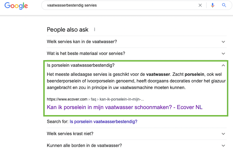 Uitgelicht zoekresultaat met FAQ