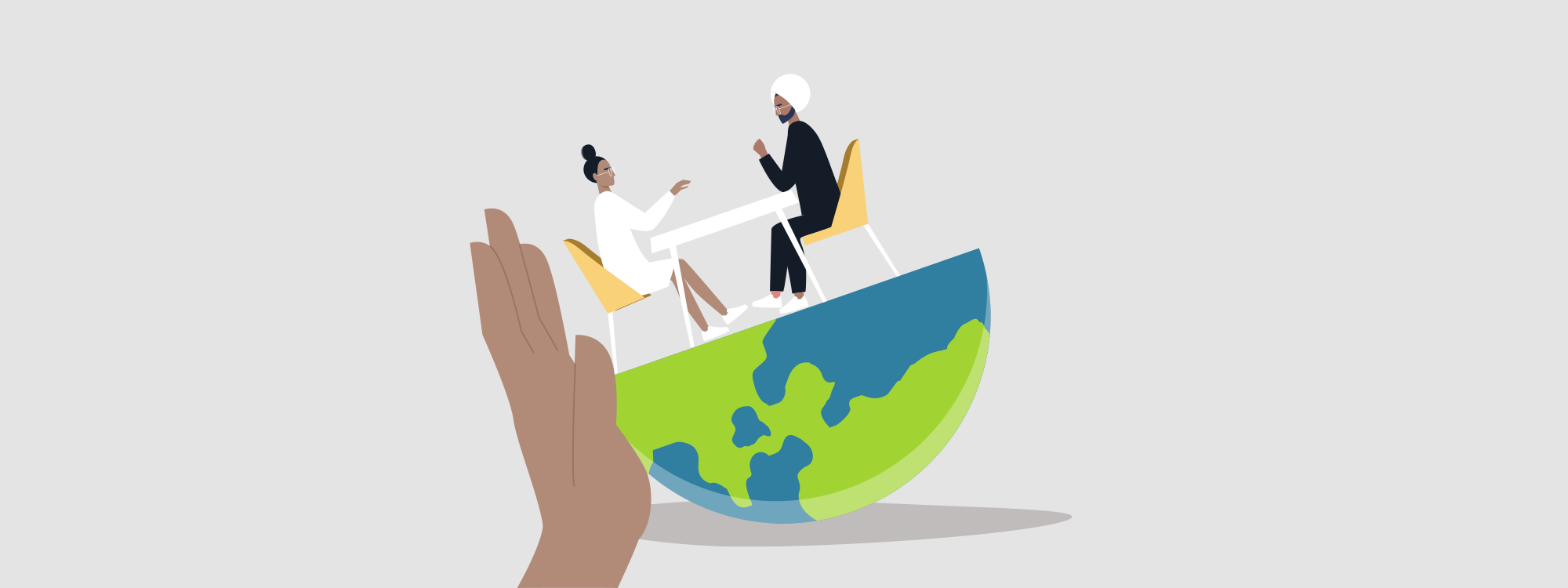 A grey banner with an illustration of a bowl shaped like the earth with two people sat at a table within the bowl