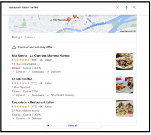 Exemple de résultats apparaissant dans le Google Pack pour la requête "restaurant italien nantes"