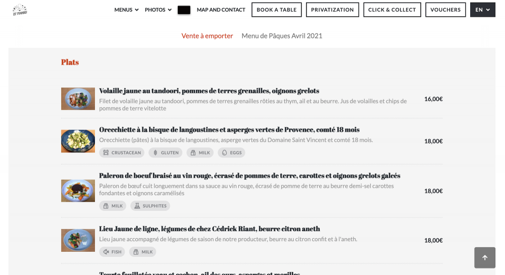 Menu en ligne sur le site Et Toque!
