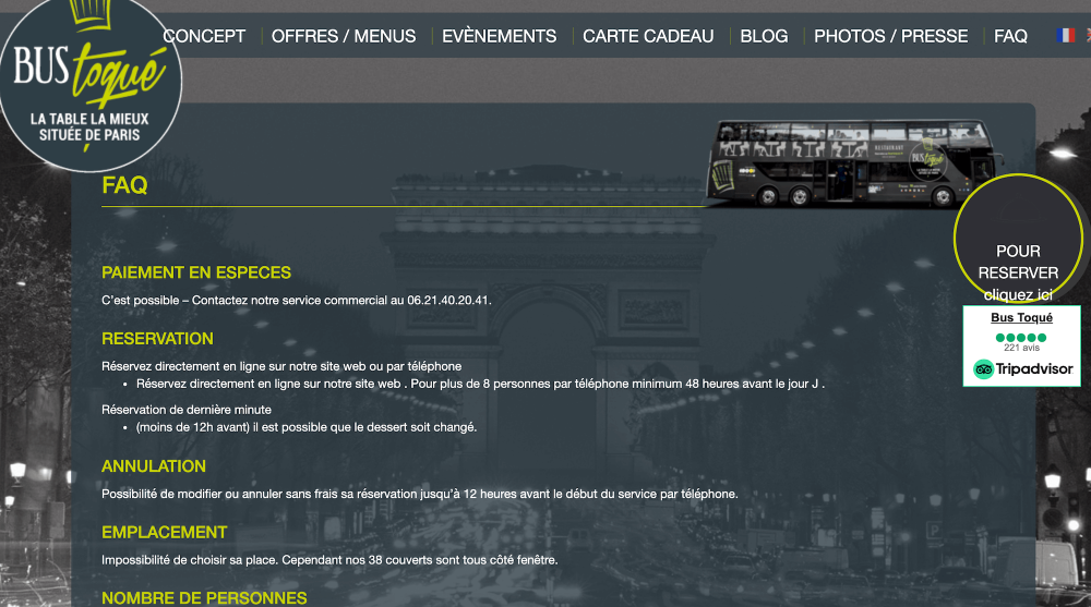 Page FAQ restaurant mobile Le Bus Toqué