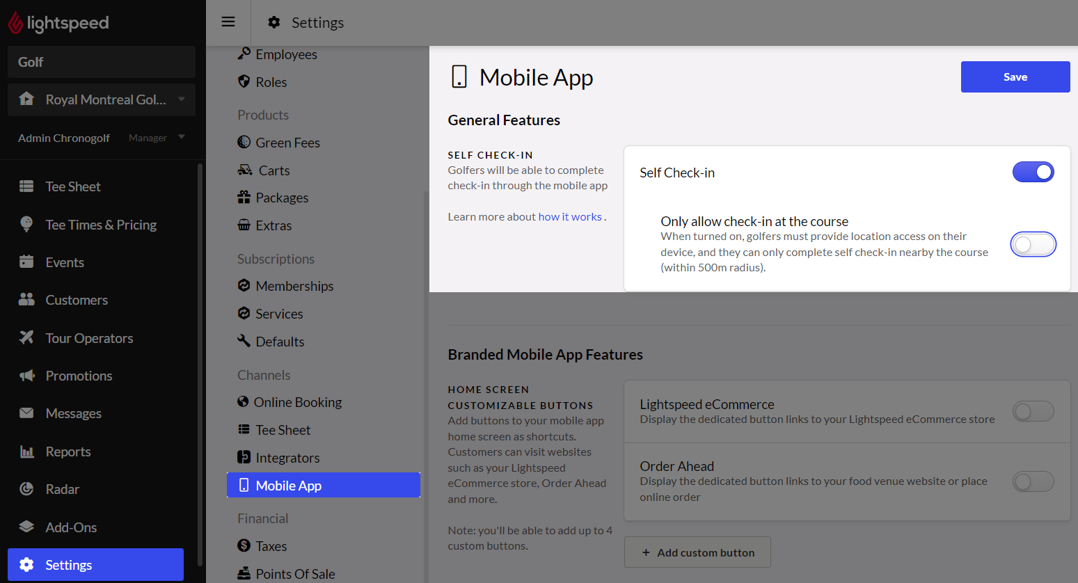 an image showing Lightspeed Golf's self-check in feature. Golf course revenue ideas like these make it easier for golfers to book and check-in online while adding booking extras to their cart.