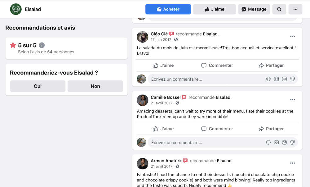 Page Facebook restaurant El Salad