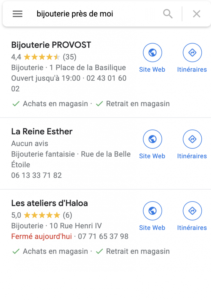 Exemple de résultat local pour requête "bijouterie près de chez moi"