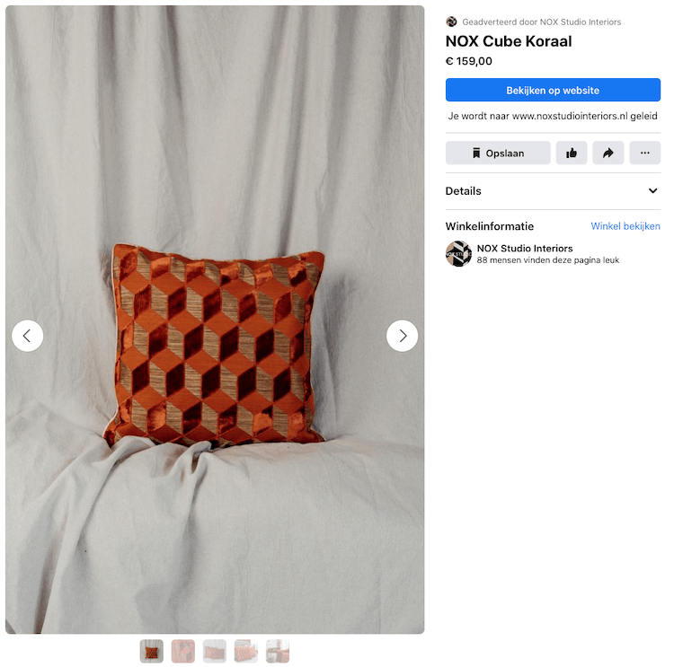 Voorbeeld van de Facebook Shopping pagina van Nox Studio
