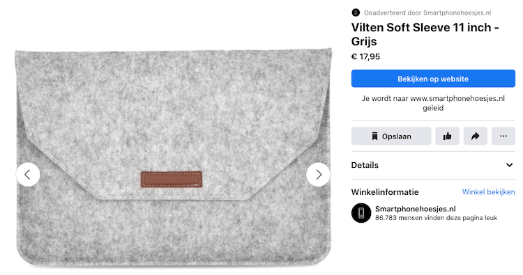 Voorbeeld van de Facebook Shop pagina van smartphonehoesje