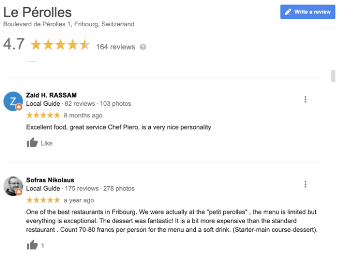Avis laissés fiche Google My Business Le Pérolles