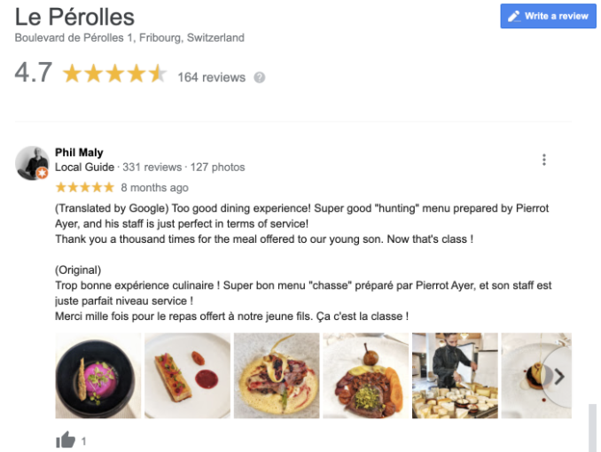Avis fiche Google My Business restaurant le Pérolles