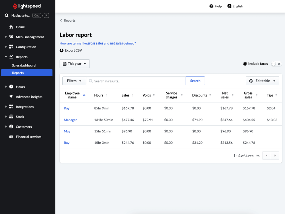 Labor report in Lightspeed Restaurant backend