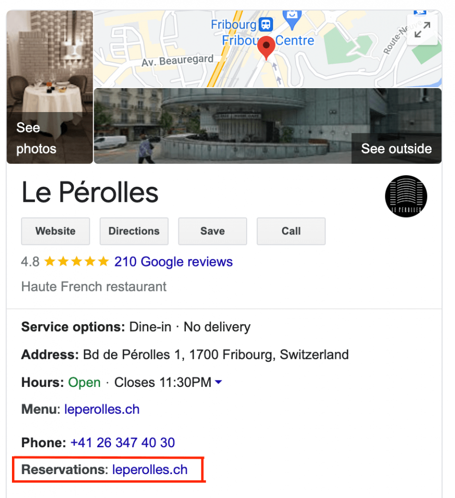 réservation fiche Google My Business restaurant le Pérolles