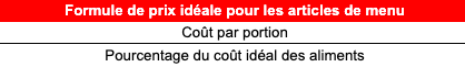 formule de prix idéale pour les articles de menu