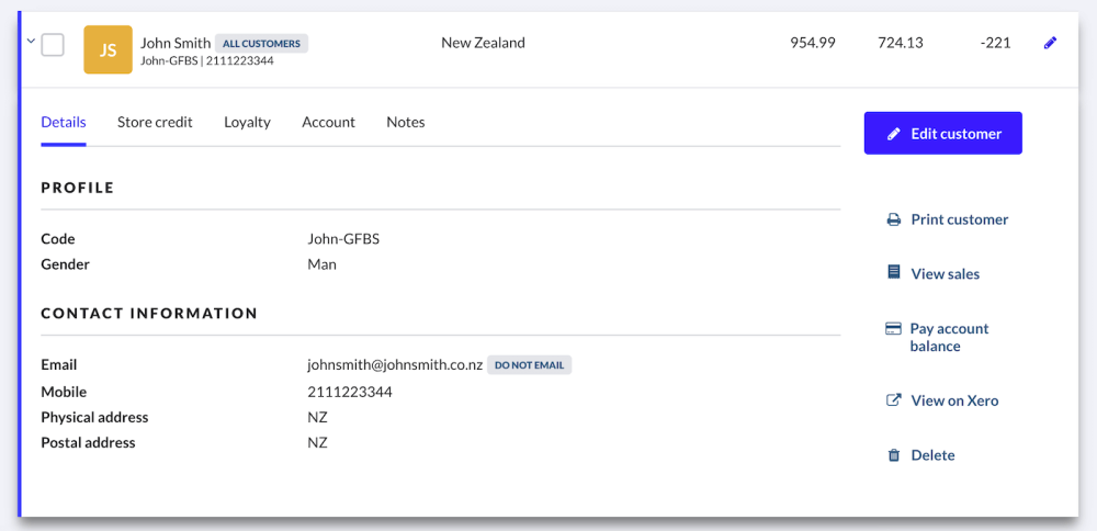 A customer profile in Lightspeed Retail POS