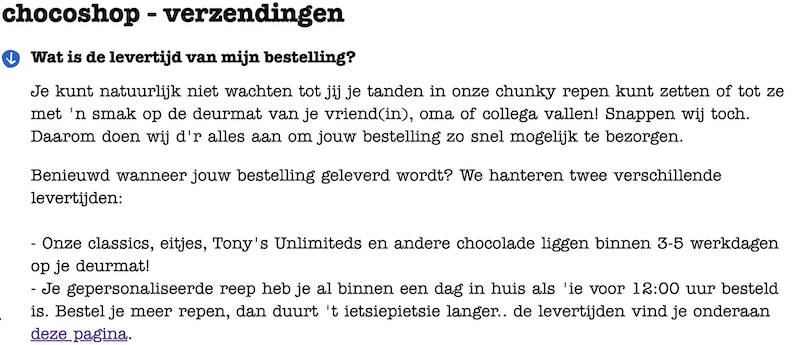 tekst met informatie over levertijden