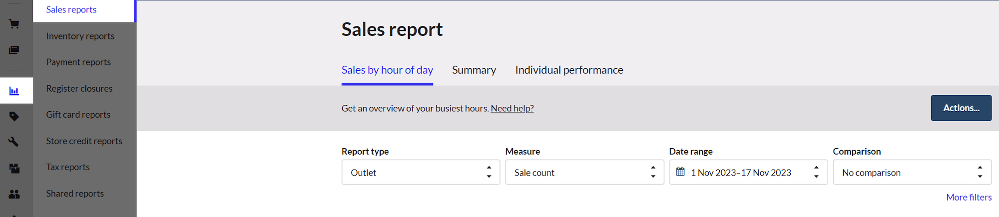 The image shows a "Sales report" dashboard from a point-of-sale (POS) system. The dashboard has multiple report categories listed in a left-hand menu, including Sales reports, Inventory reports, Payment reports, Register closures, Gift card reports, Store credit reports, Tax reports, and Shared reports. The main section of the dashboard is set to the "Sales by hour of day" tab, with options for "Summary" and "Individual performance" also visible. The user can view an overview of their busiest hours with a help link. Below this, report filters are displayed: Report type: Outlet Measure: Sale count Date range: 1 Nov 2023 - 17 Nov 2023 Comparison: No comparison There is also an "Actions..." button on the right and a "More filters" link for additional customization.