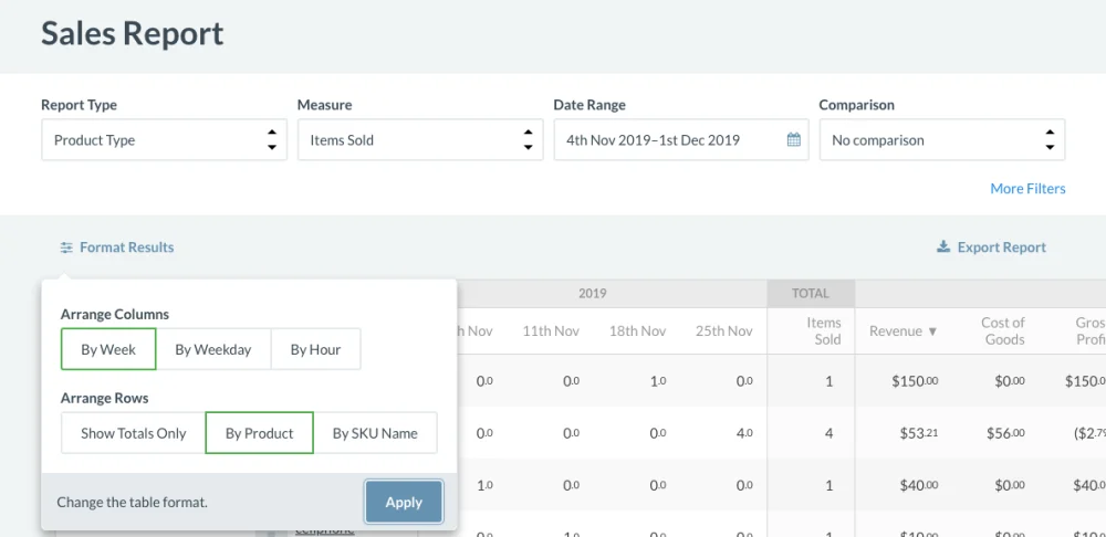 A screenshot of how to use the Sales Report in Lightspeed Insights.