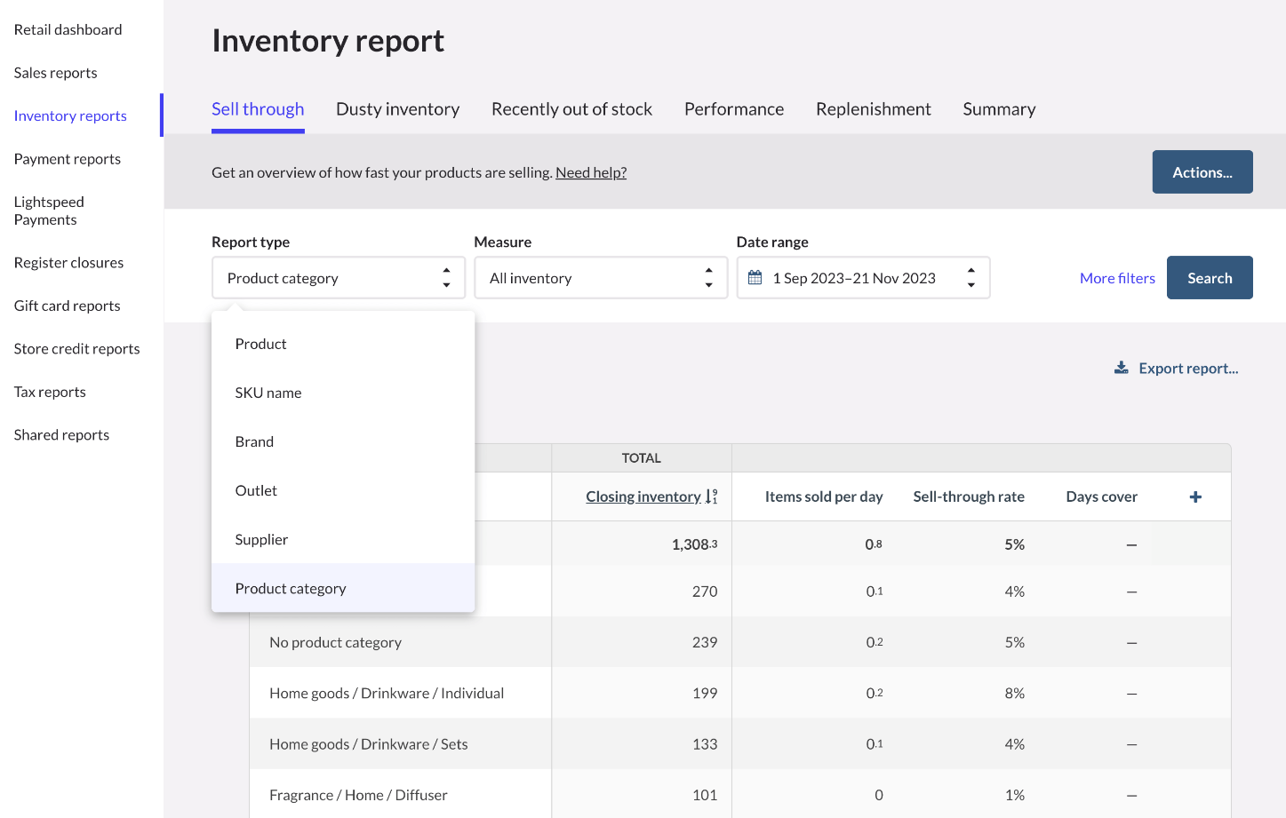 Inventory screen from Lightspeed Retail.