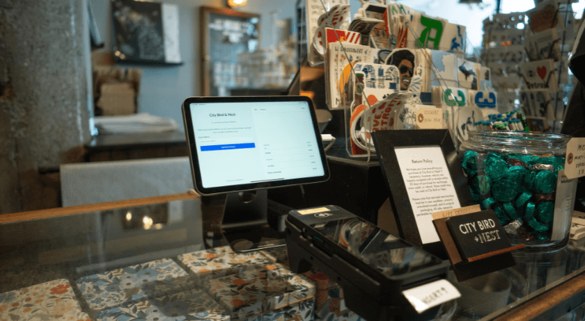 Lightspeed POS and payment terminal on sales counter at City Bird boutique in Detroit