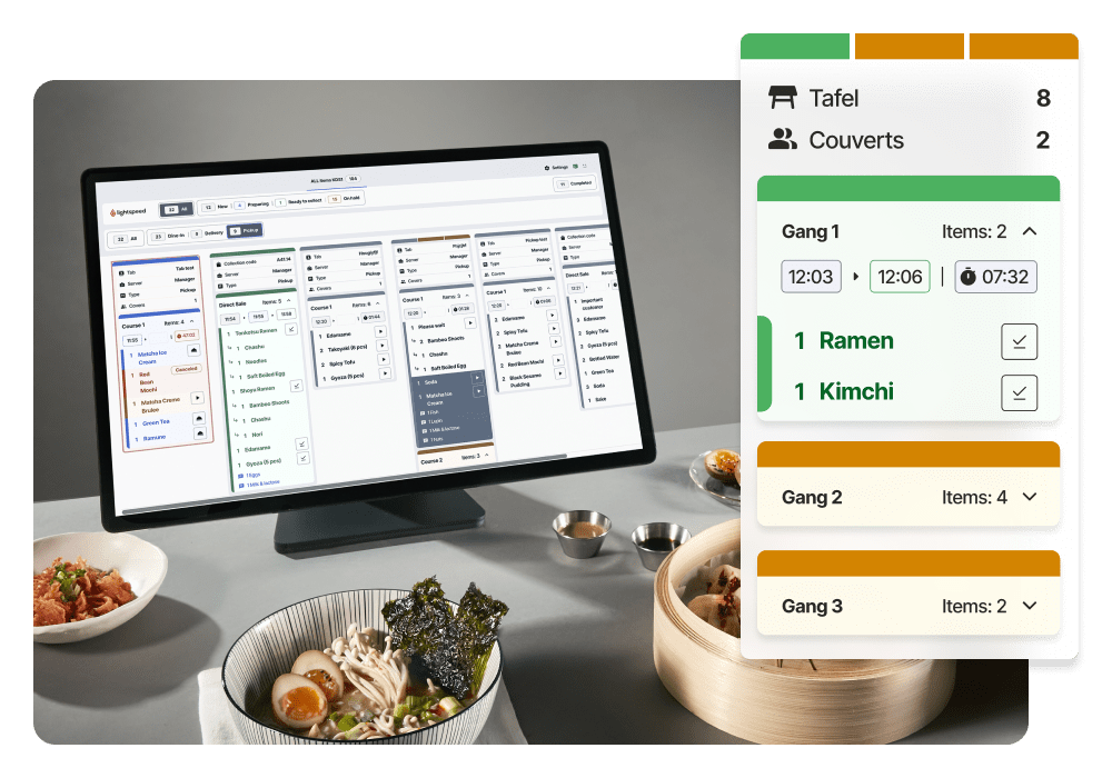 Het keukenscherm van Lightspeed Kitchen Display System, omringd door een bowl ramen en andere bijgerechten