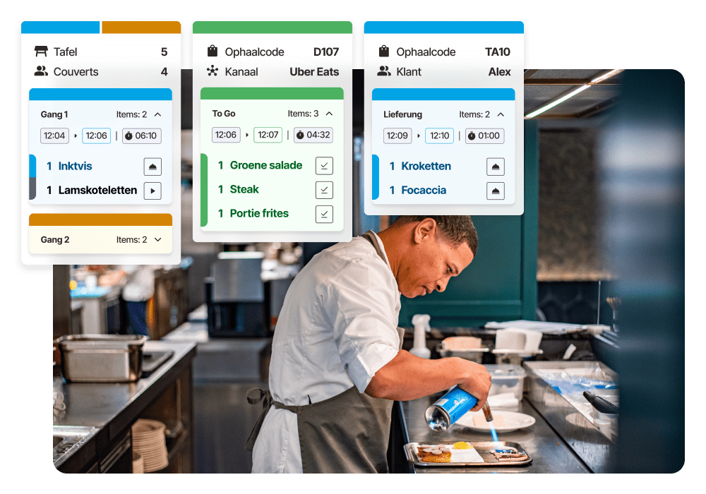 Een chefkok die een dessert flambeert in een horecakeuken, met het horeca keukenscherm KDS van Lightspeed op de voorgrongd