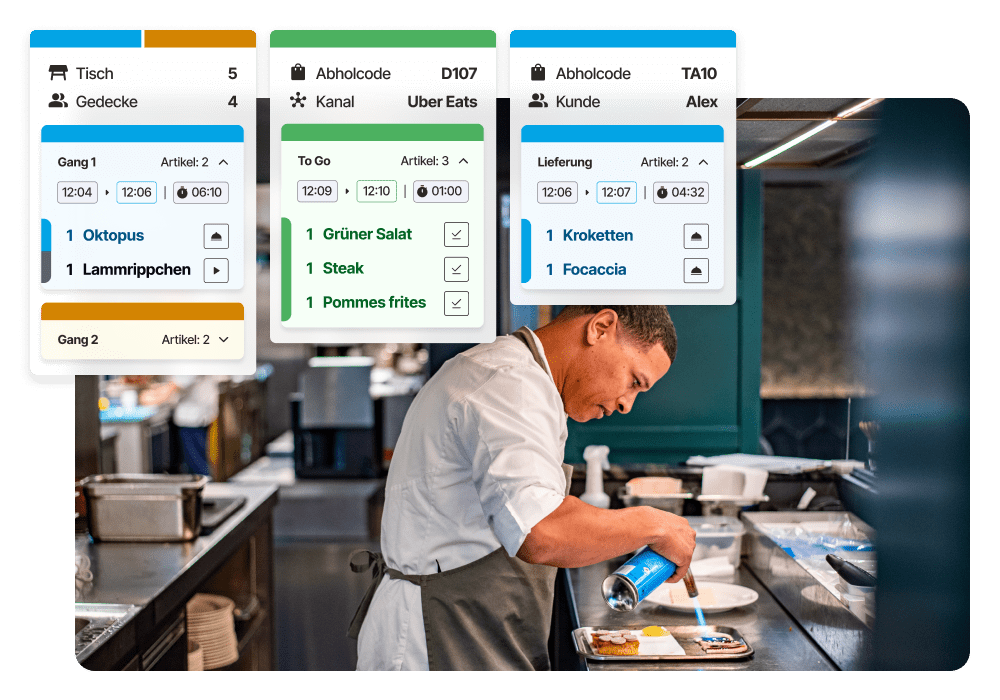 Mehrere Küchenmitarbeiter bereiten an ihren Stationen Gerichte zu. Am oberen Bildrand sieht man die digitale Bonanzeige, wie sie im Lightspeed Küchenmonitor (KDS) vorzufinden ist.