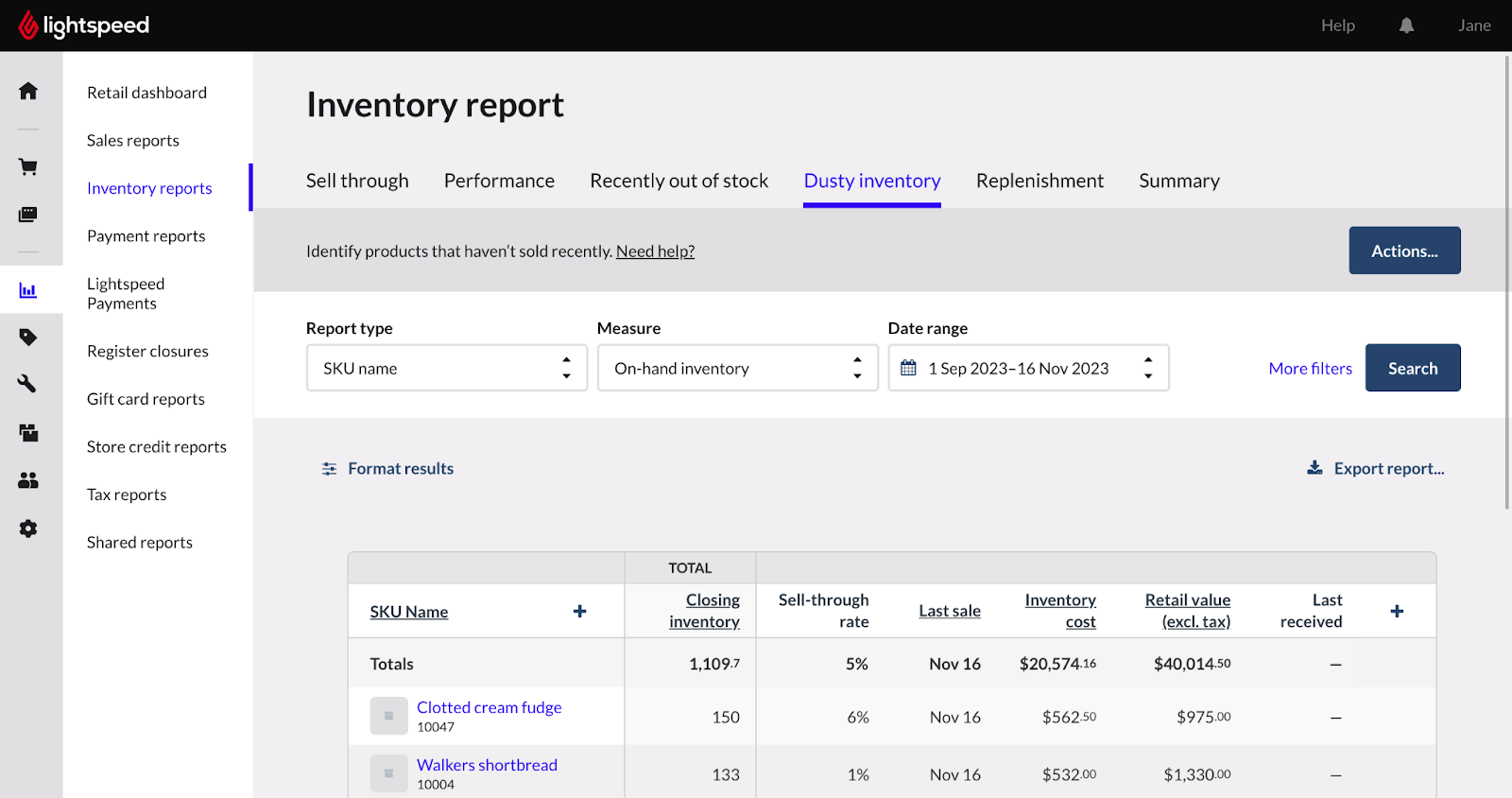 Screenshot of a Lightspeed Inventory Report dashboard under the “Dusty Inventory” tab. The interface includes filters for report type (SKU name), measure (On-hand inventory), and date range (1 Sep 2023–16 Nov 2023). Below the filters, there’s a table displaying inventory data for products that haven’t sold recently. It shows columns for SKU Name, Closing Inventory, Sell-through Rate, Last Sale, Inventory Cost, and Retail Value (excl. tax). Two SKUs listed are “Clotted cream fudge” (Closing inventory: 150, Sell-through rate: 6%, Last sale: Nov 16) and “Walkers shortbread” (Closing inventory: 133, Sell-through rate: 1%, Last sale: Nov 16). The “Actions” and “Export report” buttons are also visible.