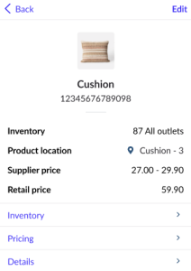 Product location information as seen with Lightspeed Scanner