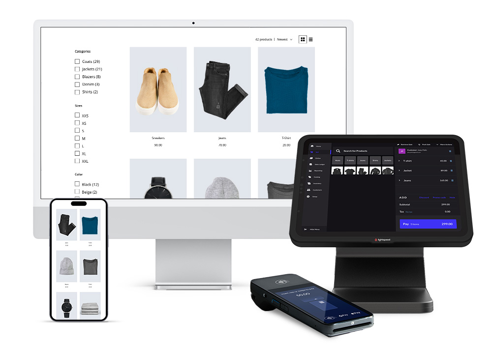 Lightspeed POS system and payment terminal next to computer screen and phone screen displaying online shopping page
