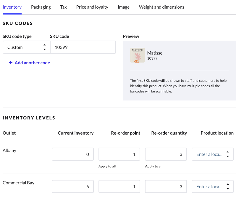 Product inventory management interface in Lightspeed POS backend, displaying SKU codes, a preview section for product identification, and inventory levels for multiple outlets with fields for current inventory, re-order points, and re-order quantities.