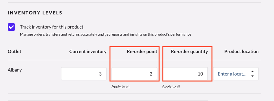 Product inventory levels in backend of Lightspeed Retail POS showing current inventory, re-order point, and re-order quantity fields for a product.