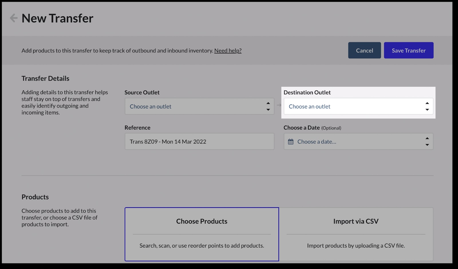 A digital screenshot of a POS system's "New Transfer" screen for moving inventory between store locations. The interface includes fields for selecting a source and destination outlet, a reference number, and an optional date. Below, there are options to manually choose products or import inventory data via a CSV file. A “Save Transfer” button is in the top right corner for finalizing the action.