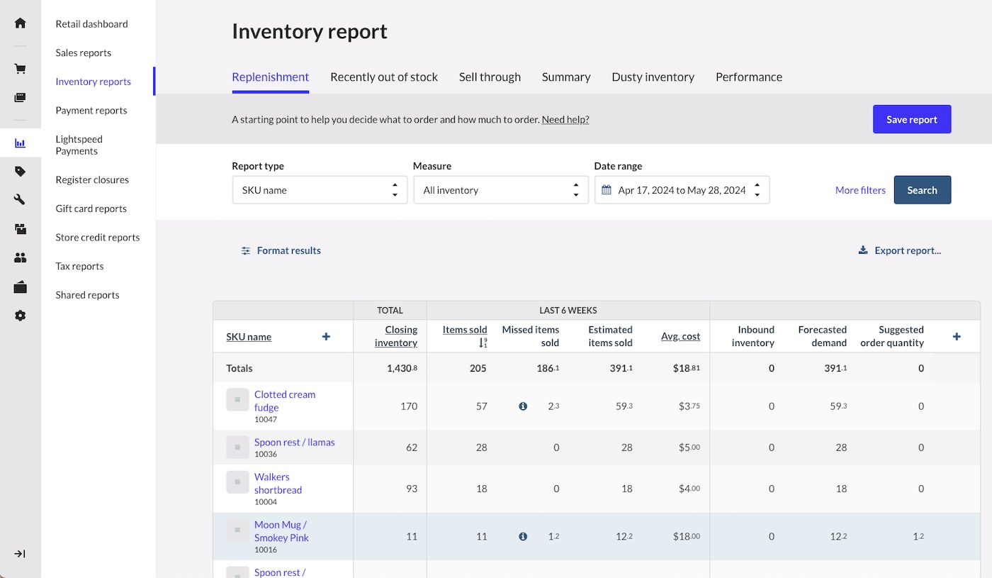 A digital screenshot of an inventory report dashboard in a point-of-sale (POS) system. The report shows SKU names, closing inventory, items sold, missed sales, estimated demand, and average costs. Tabs at the top indicate different report categories, including replenishment, stockouts, sell-through, summary, and performance. A “Save report” button is visible in the top right corner, and filtering options are available for date range and inventory measures.