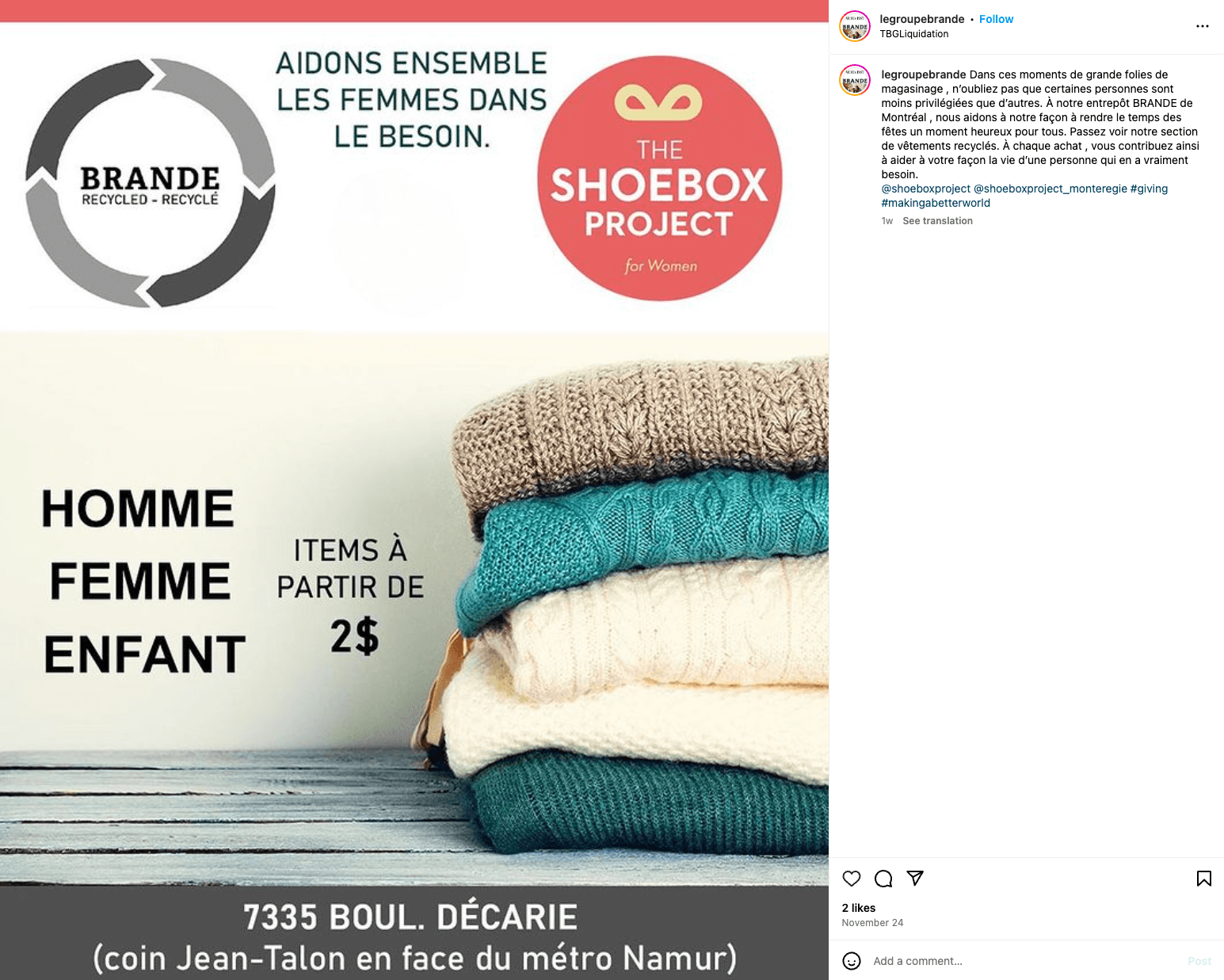 A picture of sweaters and text t advertising the Brande Group's fundraising efforts for the Shoebox Project.