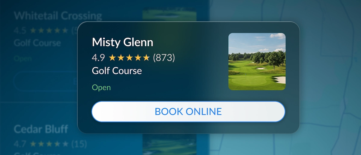 UI elements showing an example of how a user can book with a golf course on Google. 