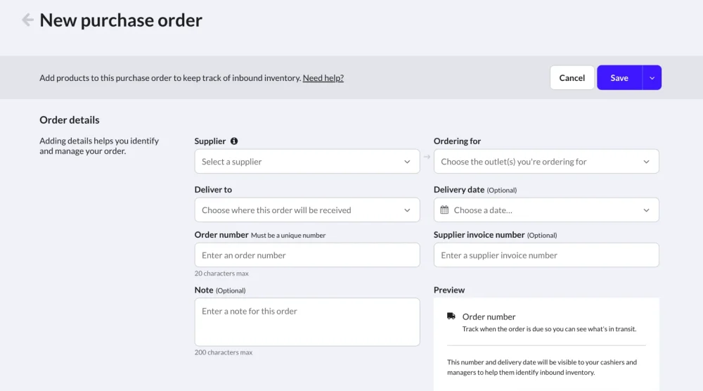 Create a new purchase order in Lightspeed